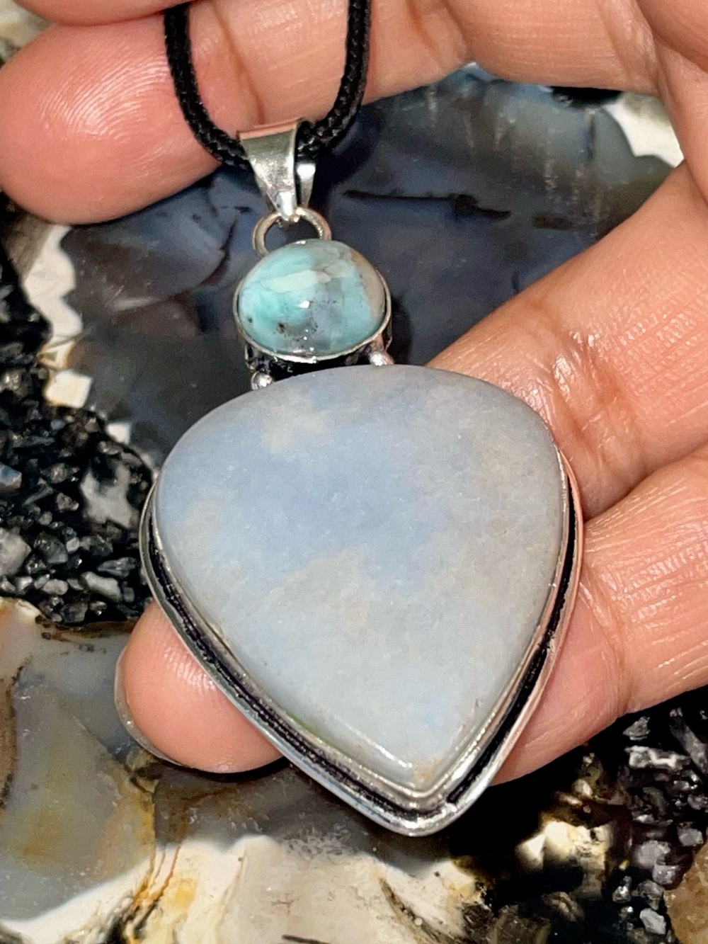 Blue Anhydrite Angelite & Larimar Pendant 2 1/2”